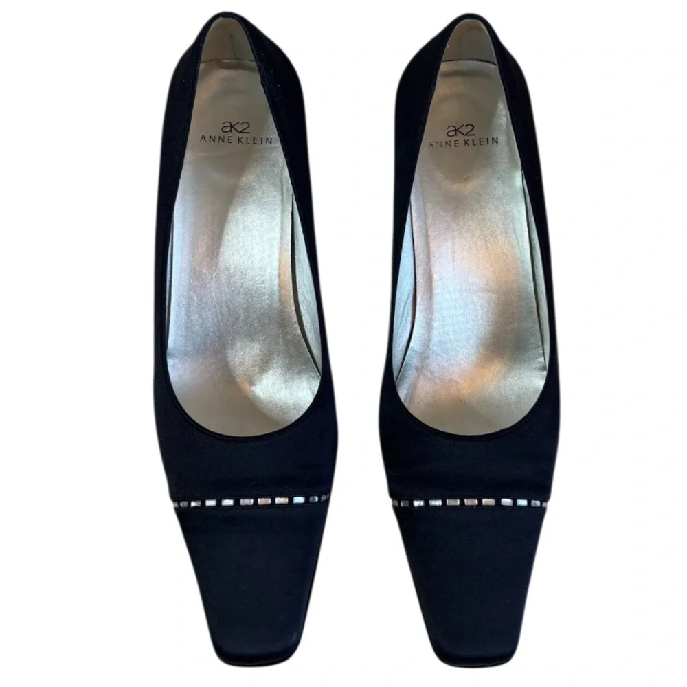 Elegant Pumps Vintage 90s Y2K Rhinestone Pointed Square Heel Black Silver Size 8